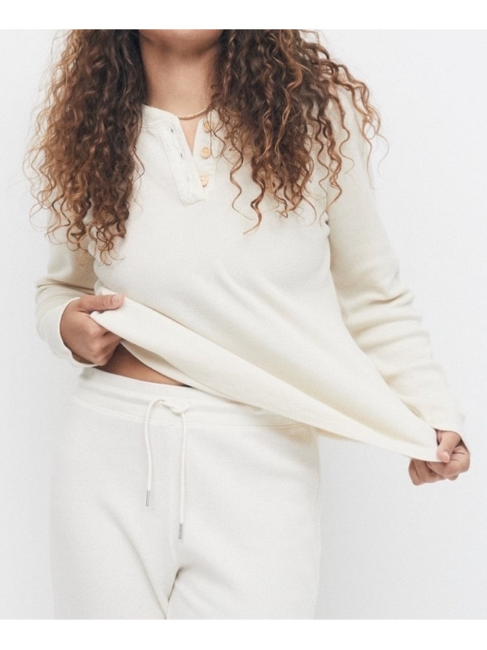 Mate the Label Harper Henley Top Thermal Oranic Waffle Knit Crew Bone White M - Picture 9 of 14